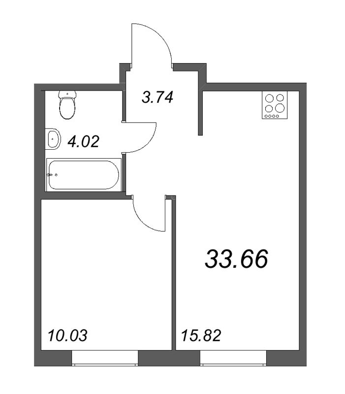 2-комнатная (Евро) квартира, 33.66 м² - планировка, фото №1