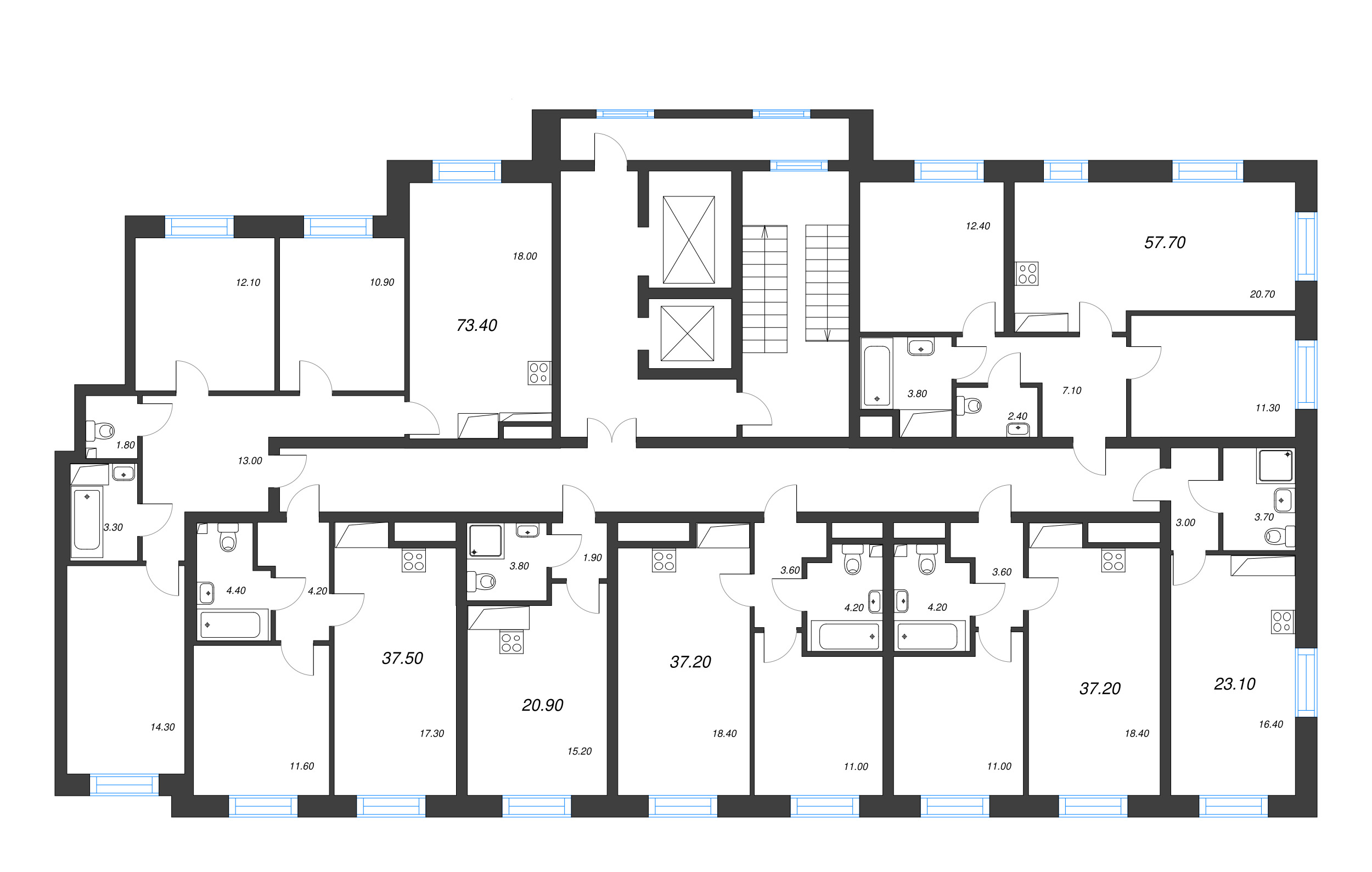 4-комнатная (Евро) квартира, 73.4 м² - планировка этажа