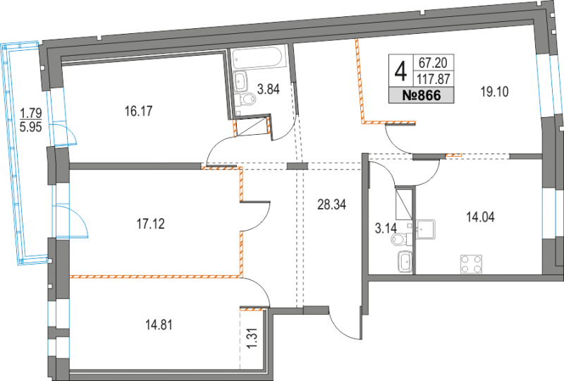 4-комнатная квартира, 117.87 м² в ЖК "Приморский квартал" - планировка, фото №1