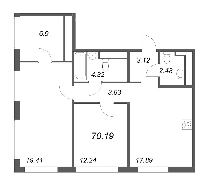 3-комнатная (Евро) квартира, 70.19 м² в ЖК "GloraX Василеостровский" - планировка, фото №1