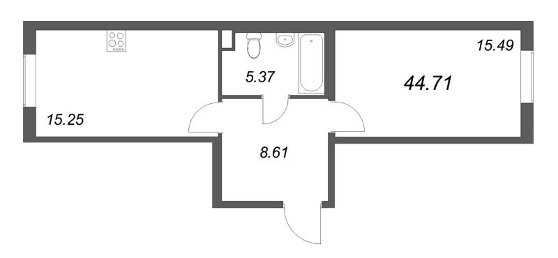 2-комнатная (Евро) квартира, 44.71 м² в ЖК "Новая история" - планировка, фото №1