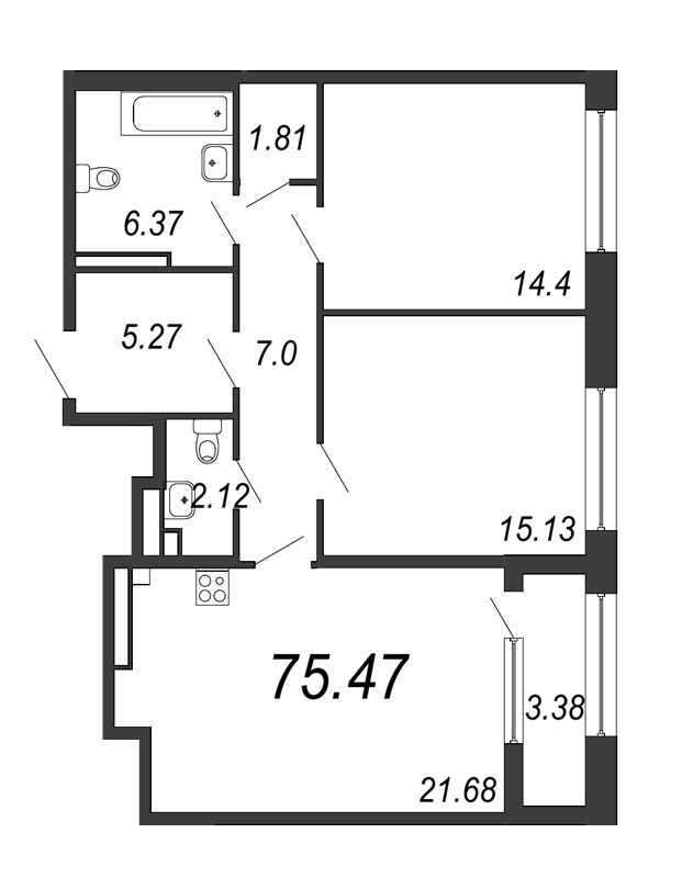 3-комнатная (Евро) квартира, 75.47 м² - планировка, фото №1