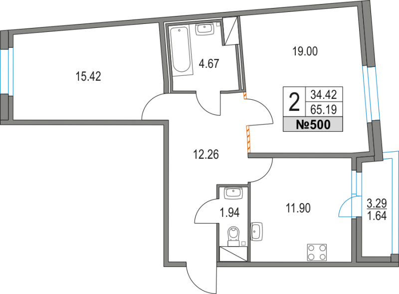 2-комнатная квартира, 65.19 м² - планировка, фото №1