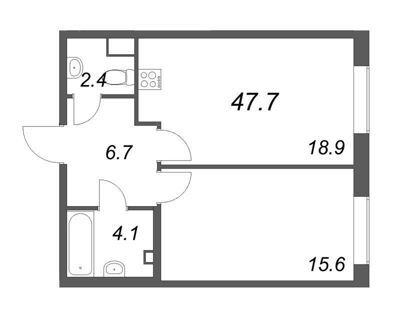 2-комнатная (Евро) квартира, 47.7 м² в ЖК "Визионер" - планировка, фото №1