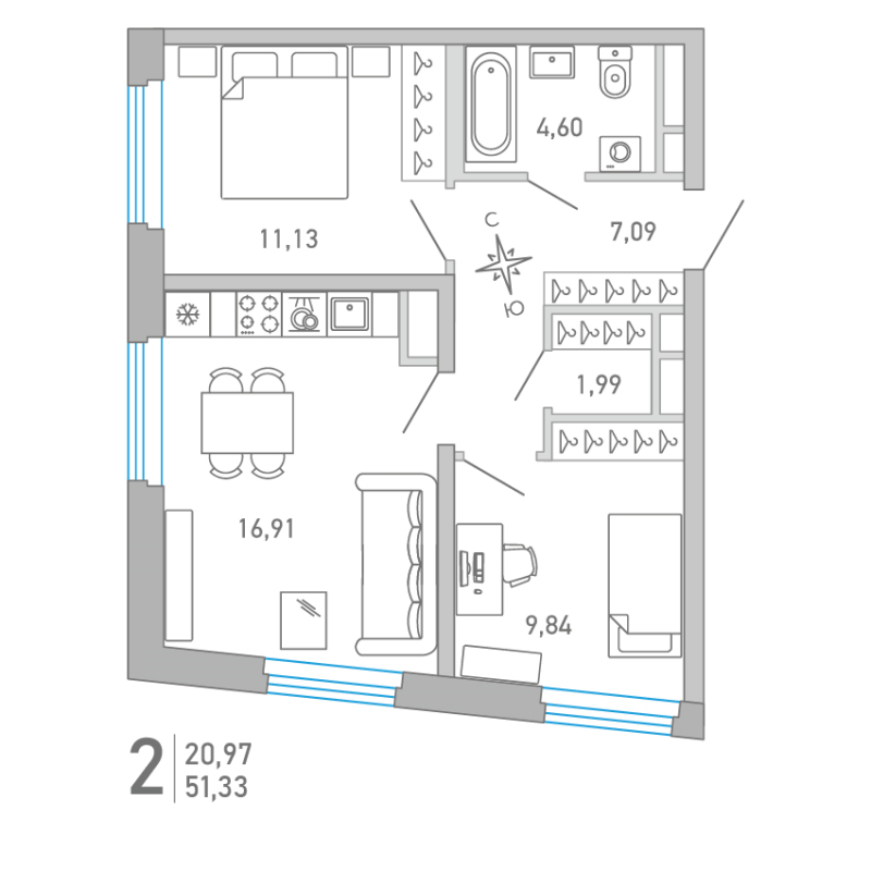 3-комнатная (Евро) квартира, 51.33 м² - планировка, фото №1