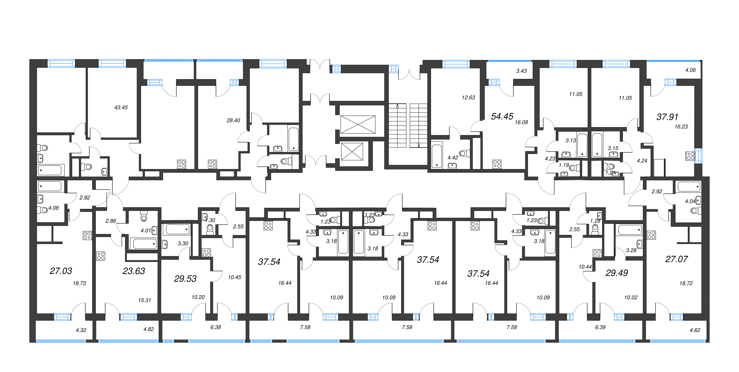 3-комнатная (Евро) квартира, 54.45 м² - планировка этажа