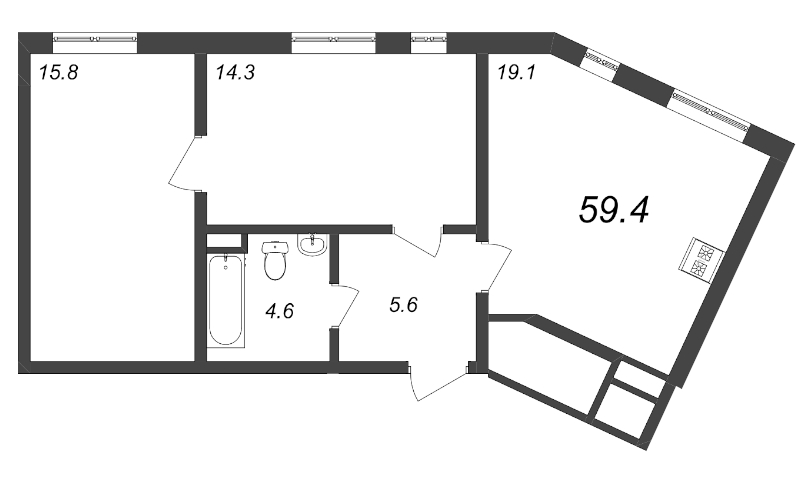 2-комнатная квартира, 59.4 м² - планировка, фото №1