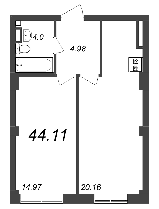 2-комнатная (Евро) квартира, 44.3 м² в ЖК "Neva Residence" - планировка, фото №1