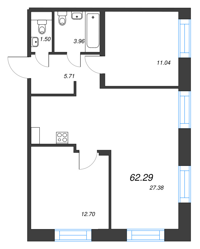 3-комнатная (Евро) квартира, 62.29 м² в ЖК "Alpen" - планировка, фото №1