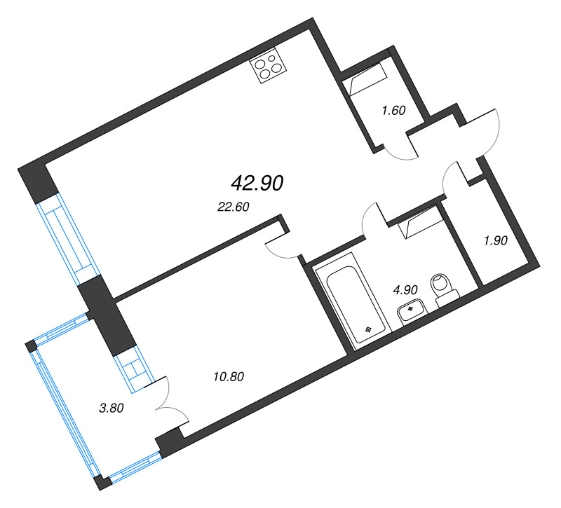 1-комнатная квартира, 42.9 м² в ЖК "NewПитер 2.0" - планировка, фото №1