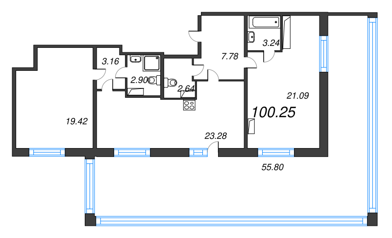 3-комнатная (Евро) квартира, 100.25 м² в ЖК "БелАрт" - планировка, фото №1