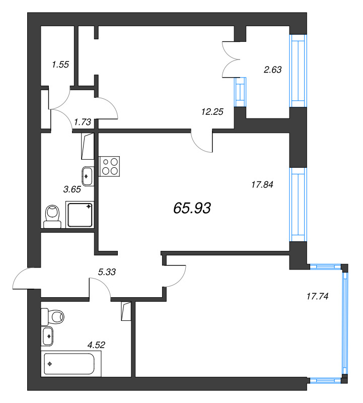 3-комнатная (Евро) квартира, 70.7 м² в ЖК "Наука" - планировка, фото №1