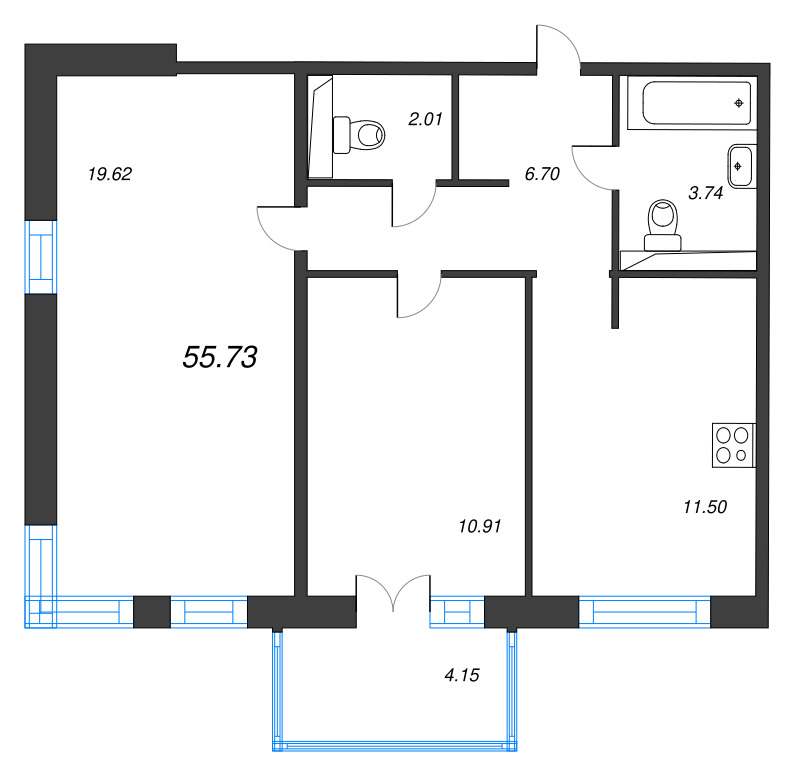 2-комнатная квартира, 55.73 м² в ЖК "Арт Парк" - планировка, фото №1