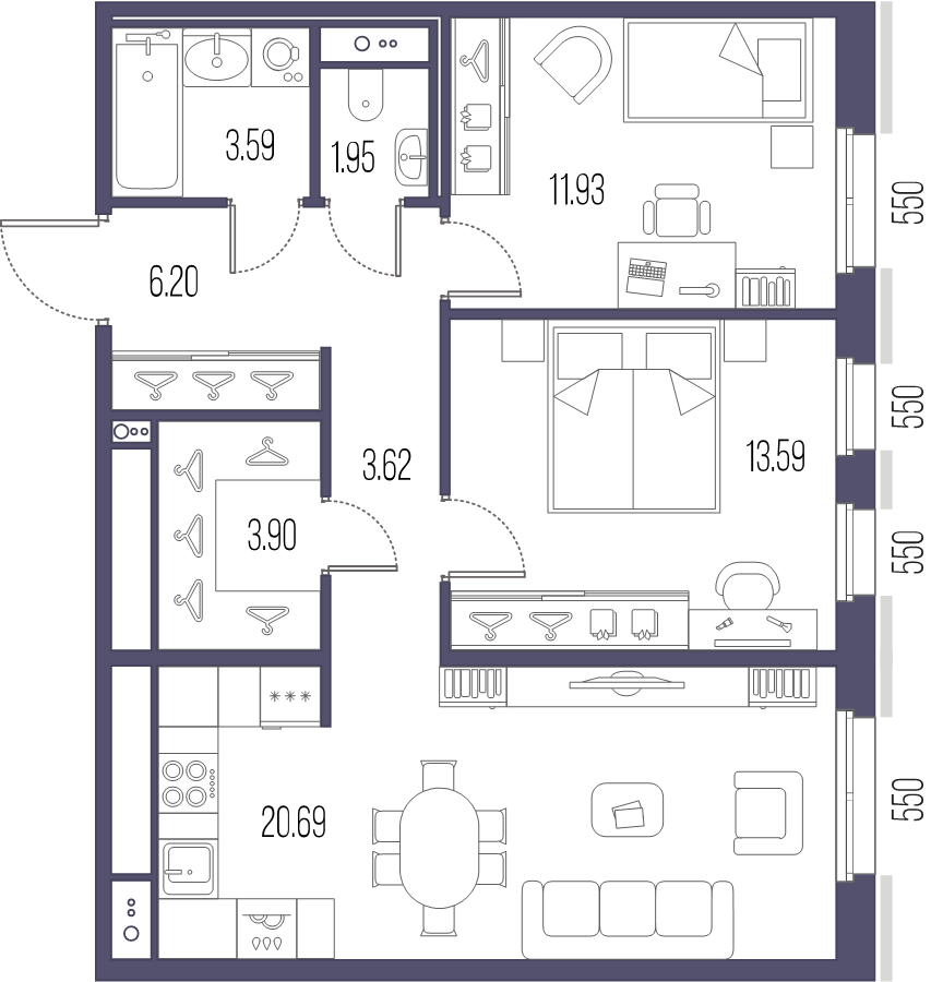 3-комнатная (Евро) квартира, 65.47 м² - планировка, фото №1