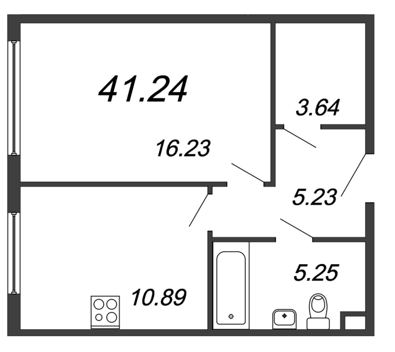 1-комнатная квартира, 41.24 м² - планировка, фото №1