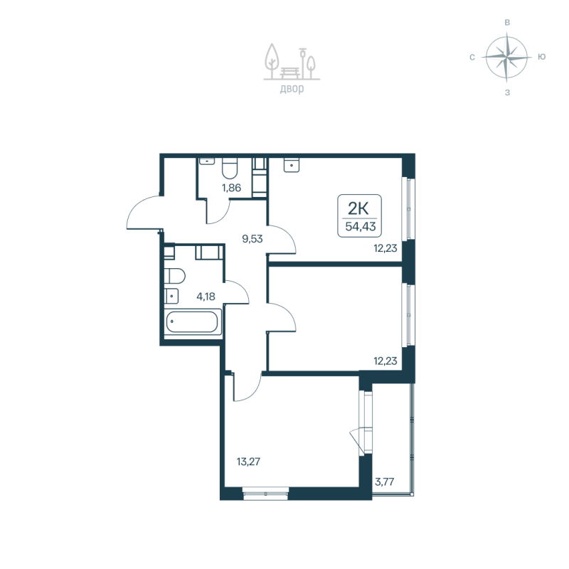 2-комнатная квартира, 54.43 м² в ЖК "Расцветай в Янино" - планировка, фото №1