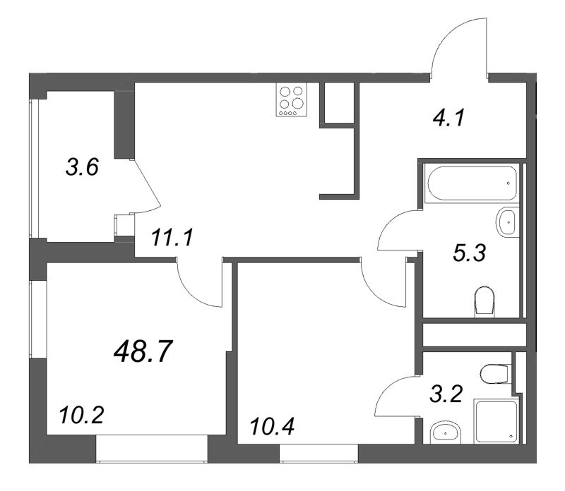 2-комнатная квартира, 48.7 м² в ЖК "Янила Форест" - планировка, фото №1