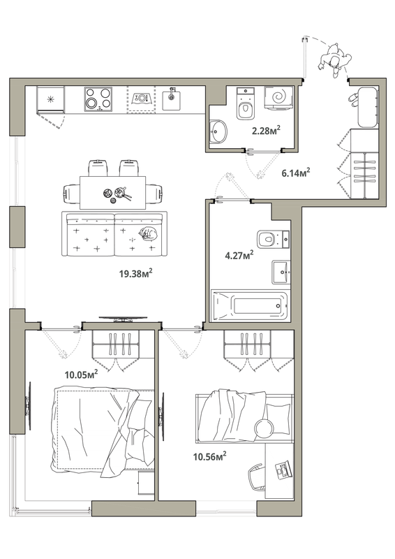 3-комнатная (Евро) квартира, 52.68 м² в ЖК "Тишин" - планировка, фото №1