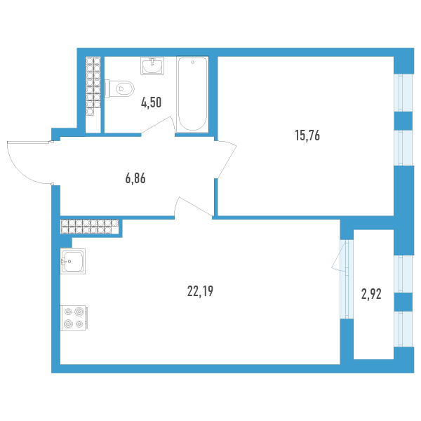 2-комнатная (Евро) квартира, 50.77 м² - планировка, фото №1