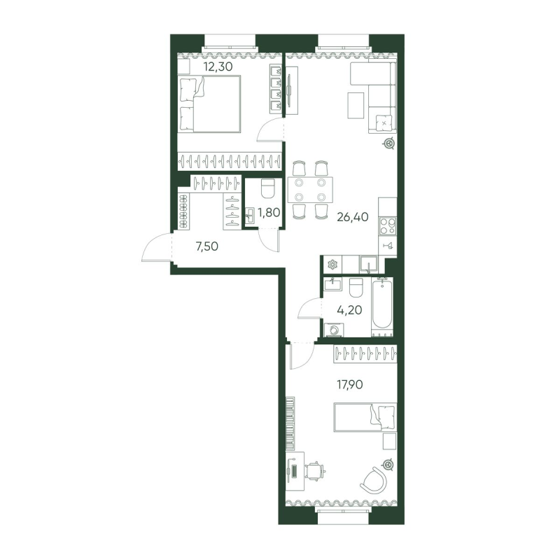 3-комнатная (Евро) квартира, 70.1 м² в ЖК "Моисеенко 10" - планировка, фото №1
