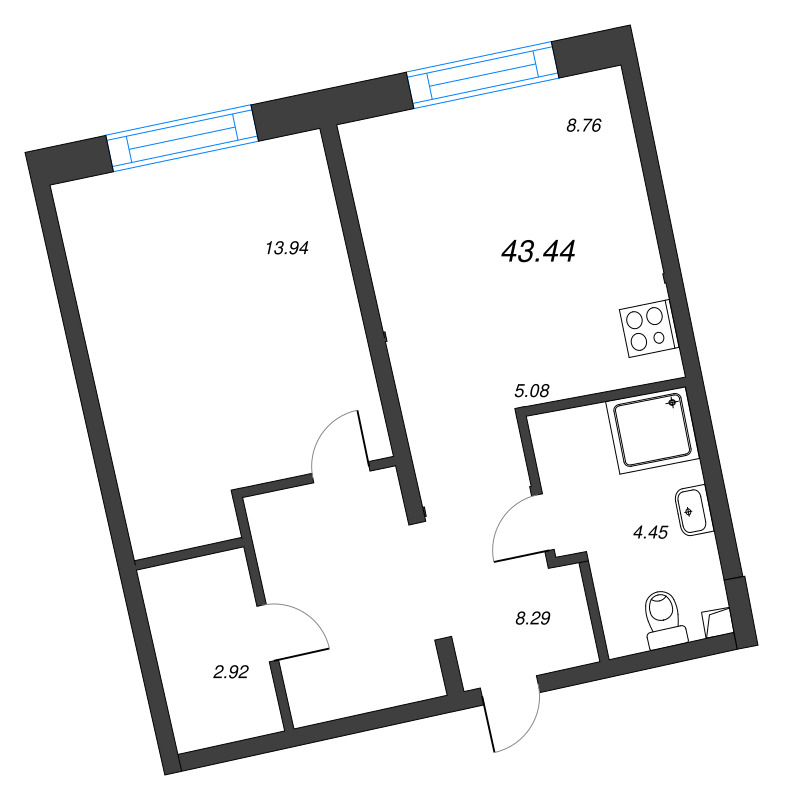 1-комнатная квартира, 43.44 м² в ЖК "Бульвар Грина" - планировка, фото №1