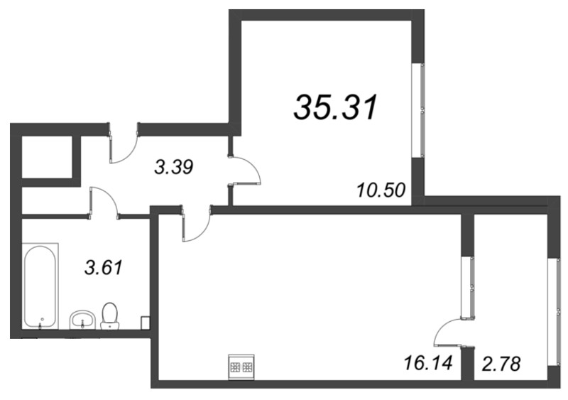 2-комнатная (Евро) квартира, 35.31 м² в ЖК "БелАрт" - планировка, фото №1