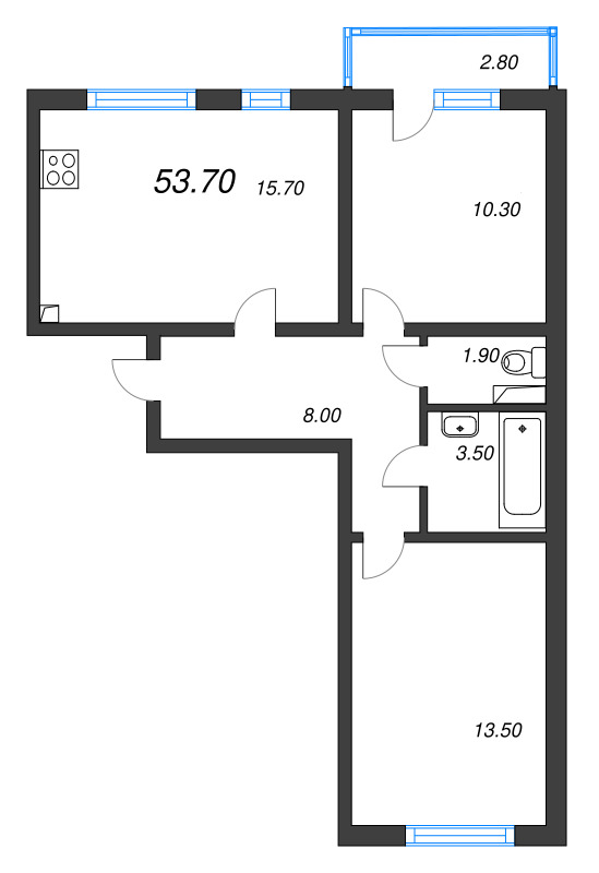 3-комнатная (Евро) квартира, 53.7 м² в ЖК "Ручьи" - планировка, фото №1