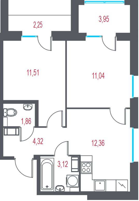2-комнатная квартира, 46.08 м² в ЖК "Город-спутник Южный" - планировка, фото №1