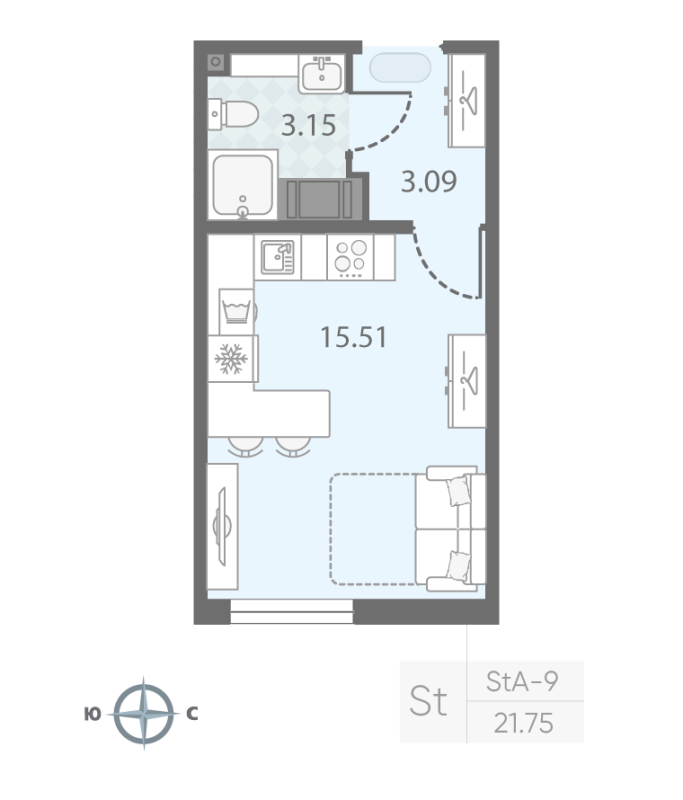Квартира-студия, 21.6 м² в ЖК "Морская миля" - планировка, фото №1