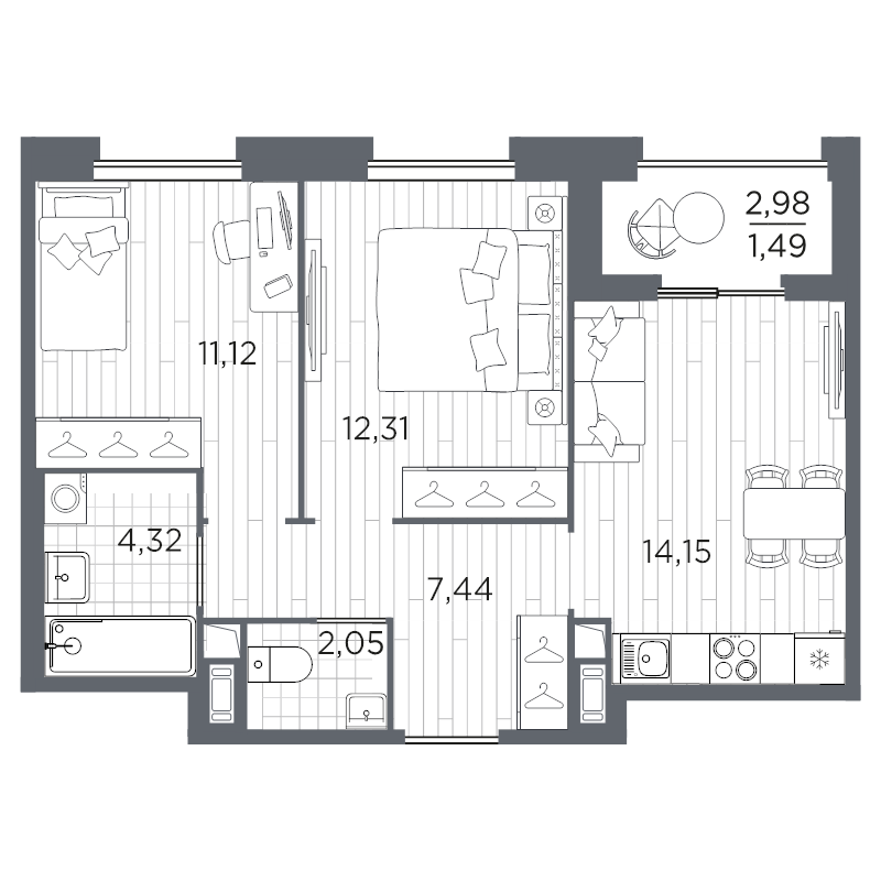2-комнатная квартира, 52.88 м² в ЖК "Оптимист" - планировка, фото №1