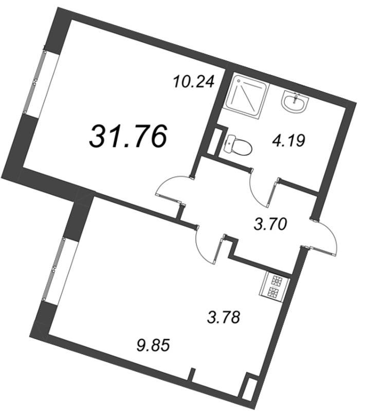 1-комнатная квартира, 31.76 м² - планировка, фото №1