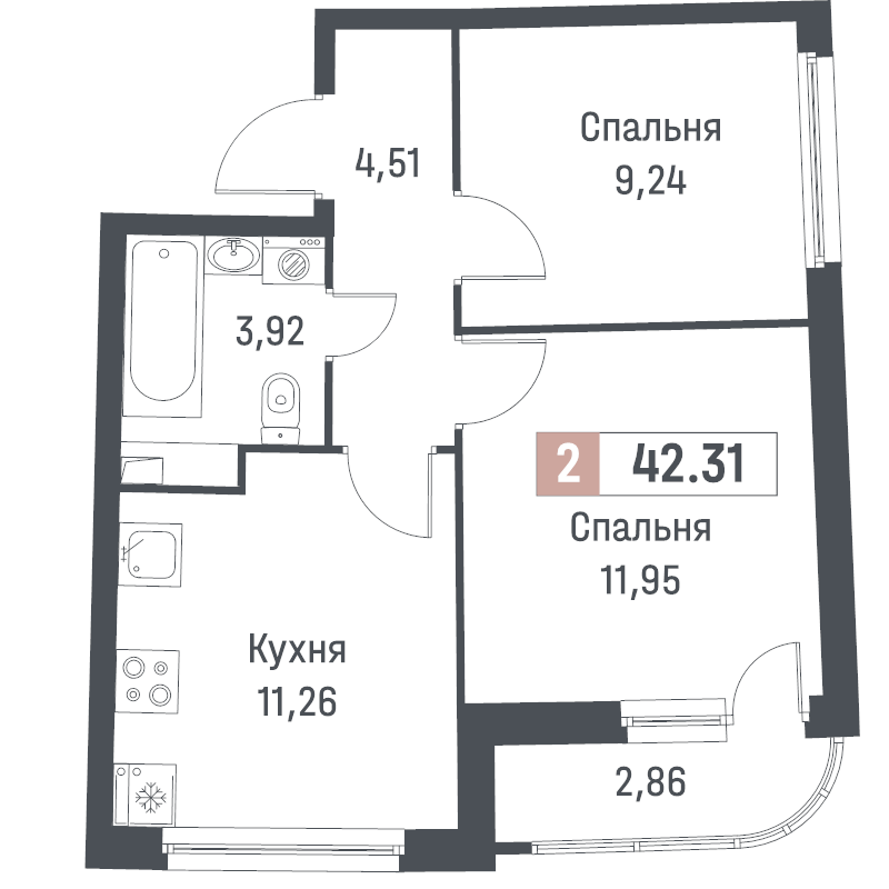 2-комнатная квартира, 42.31 м² - планировка, фото №1
