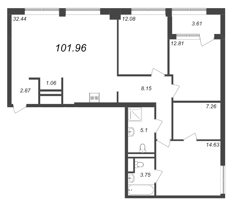 4-комнатная (Евро) квартира, 101.96 м² - планировка, фото №1