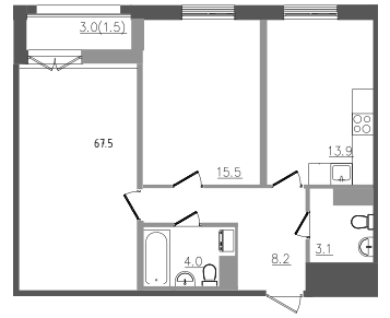 2-комнатная квартира, 67.5 м² в ЖК "Upoint" - планировка, фото №1