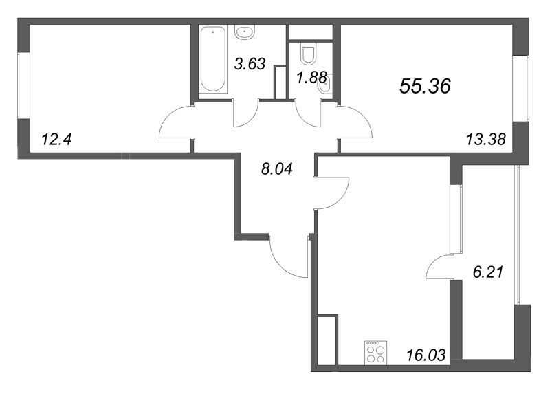 3-комнатная (Евро) квартира, 55.36 м² в ЖК "ЮгТаун" - планировка, фото №1