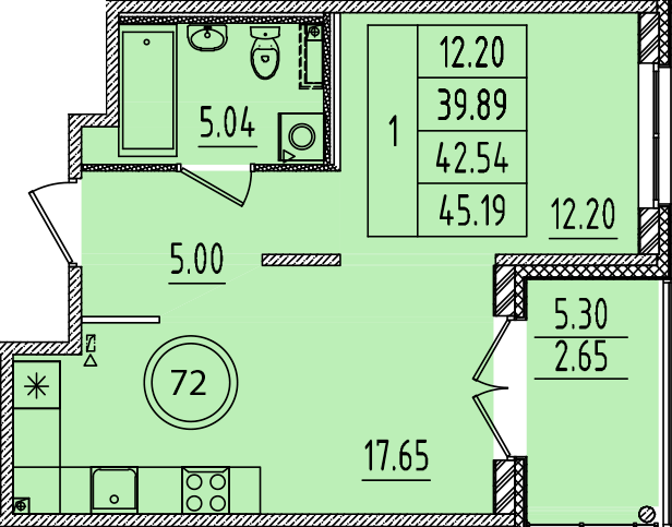 2-комнатная (Евро) квартира, 39.89 м² в ЖК "Образцовый квартал 14" - планировка, фото №1
