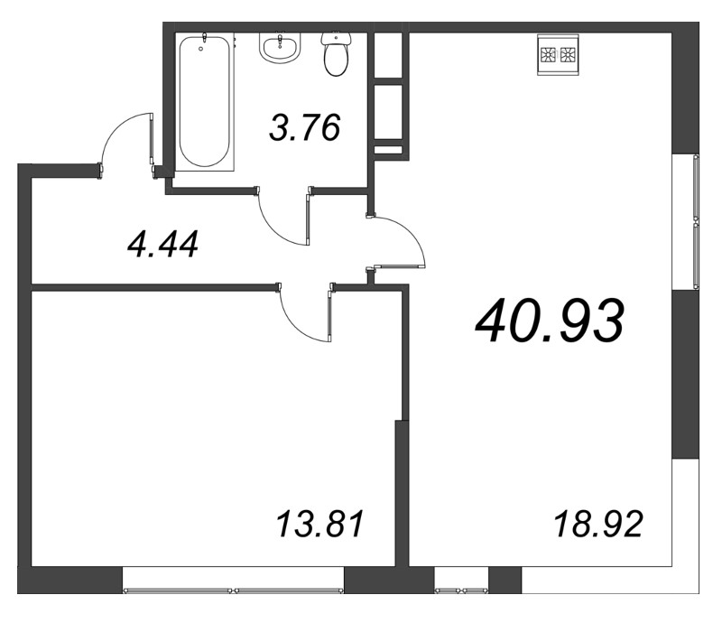 2-комнатная (Евро) квартира, 40.93 м² - планировка, фото №1