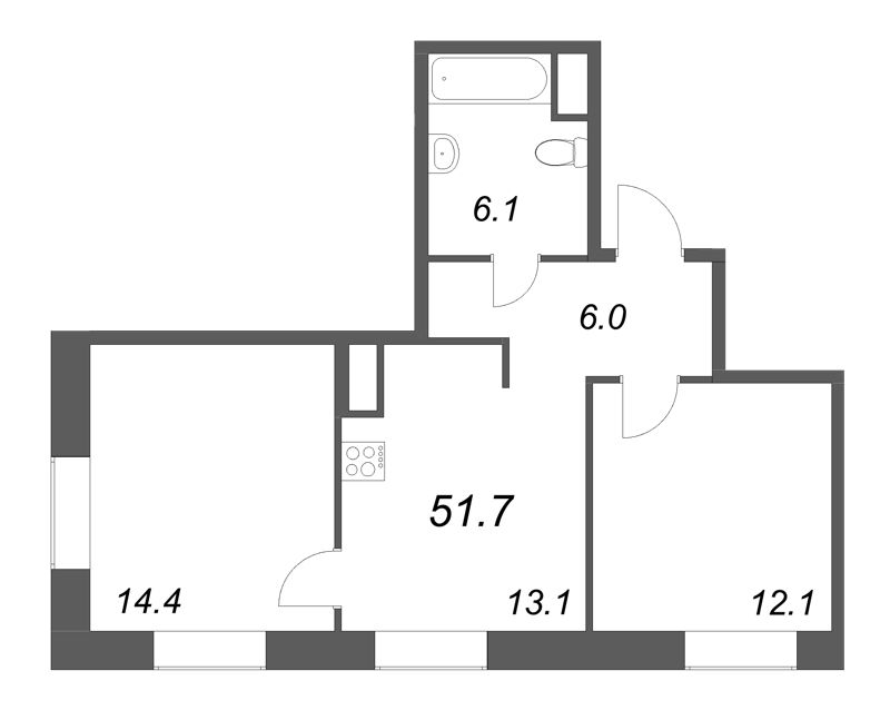 2-комнатная квартира, 51.7 м² - планировка, фото №1