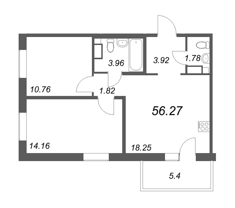 3-комнатная (Евро) квартира, 54.65 м² - планировка, фото №1