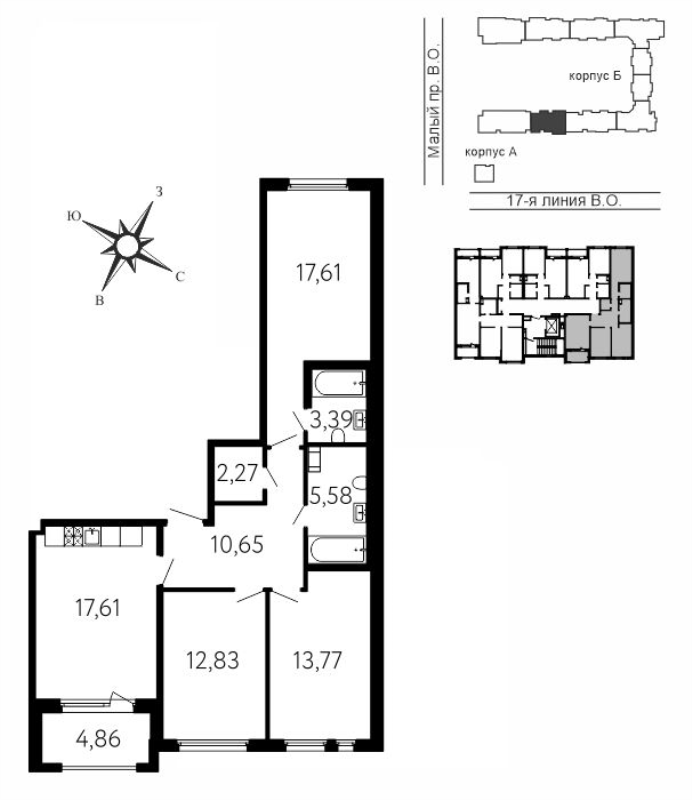 4-комнатная (Евро) квартира, 86.14 м² в ЖК "17-я линия" - планировка, фото №1
