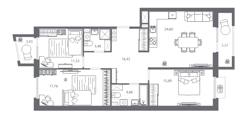 4-комнатная (Евро) квартира, 96.77 м² в ЖК "Respect" - планировка, фото №1