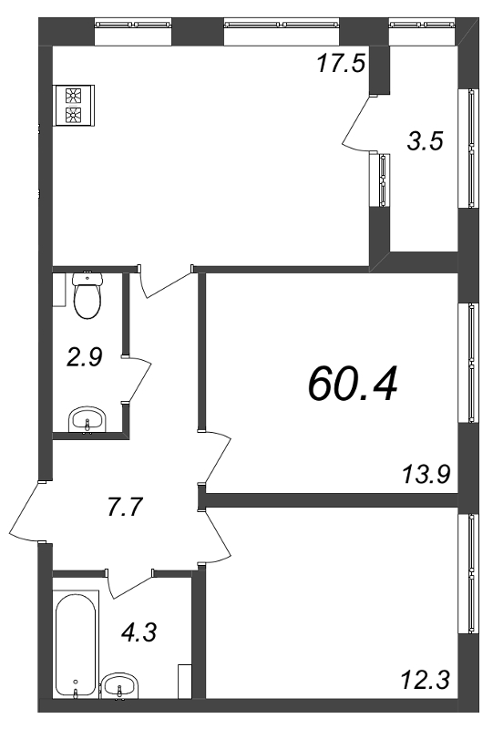 2-комнатная квартира, 60.4 м² - планировка, фото №1