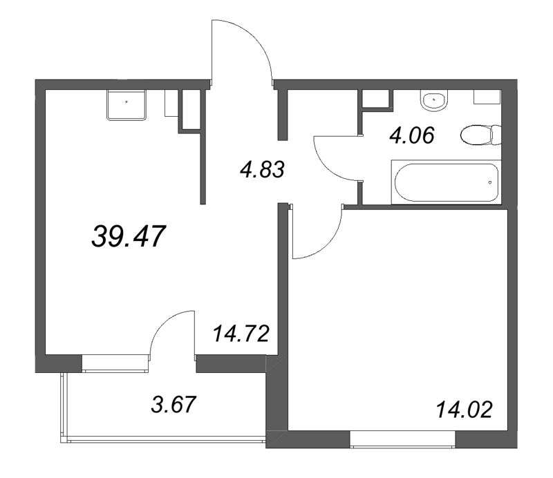 1-комнатная квартира, 39.47 м² в ЖК "Расцветай в Янино" - планировка, фото №1