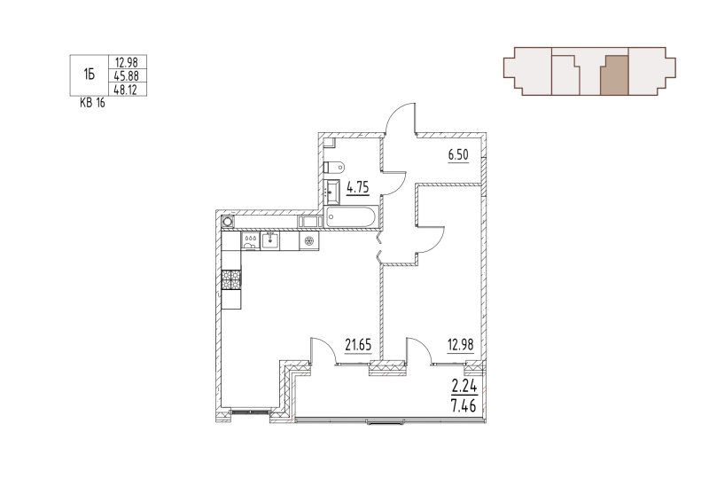 2-комнатная (Евро) квартира, 48.1 м² в ЖК "Loft у озера" - планировка, фото №1