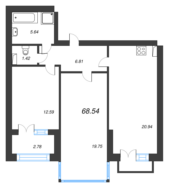 3-комнатная (Евро) квартира, 70.6 м² в ЖК "Наука" - планировка, фото №1