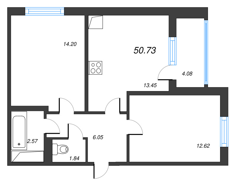 2-комнатная квартира, 50.73 м² - планировка, фото №1