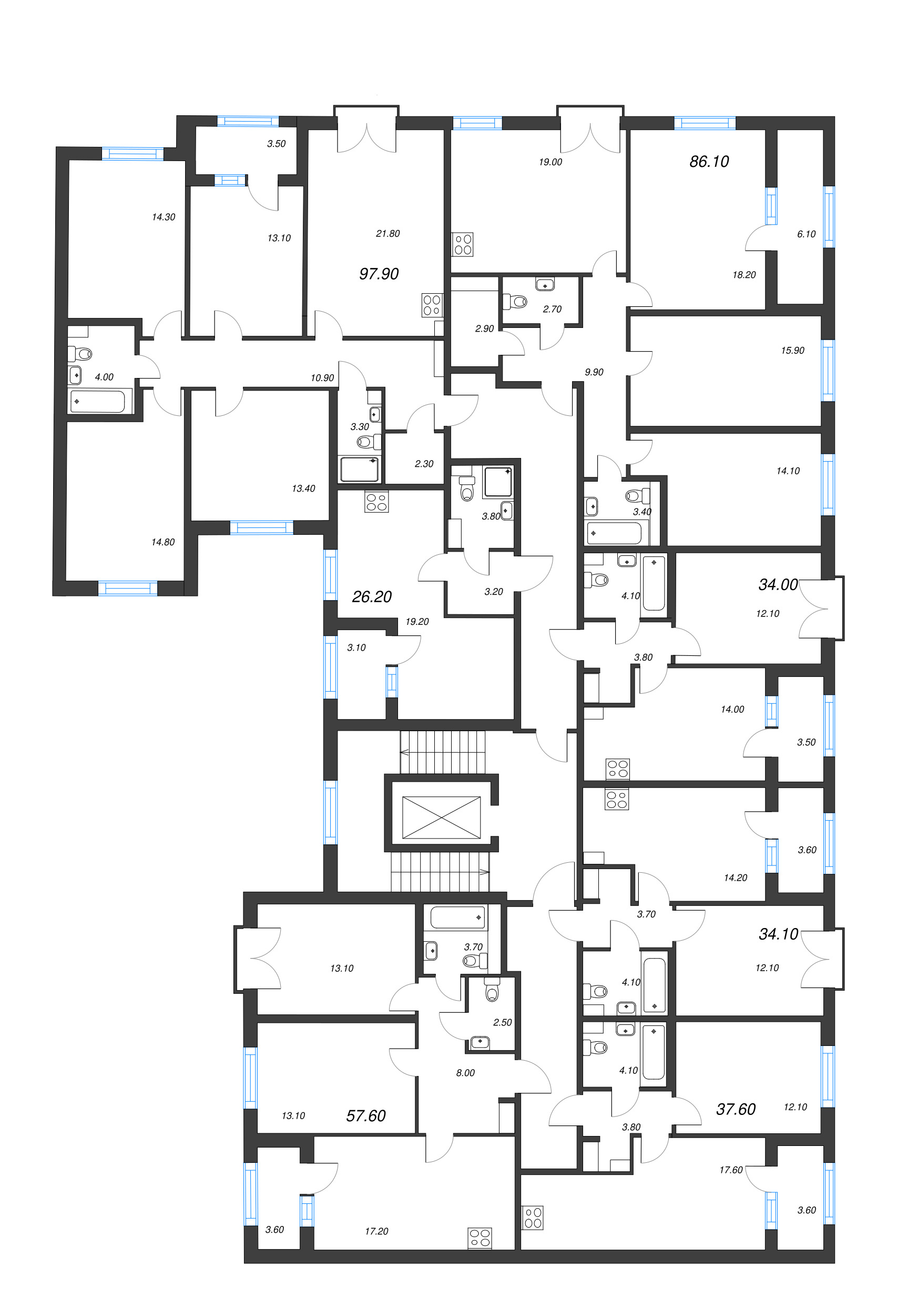 5-комнатная (Евро) квартира, 97.9 м² - планировка этажа