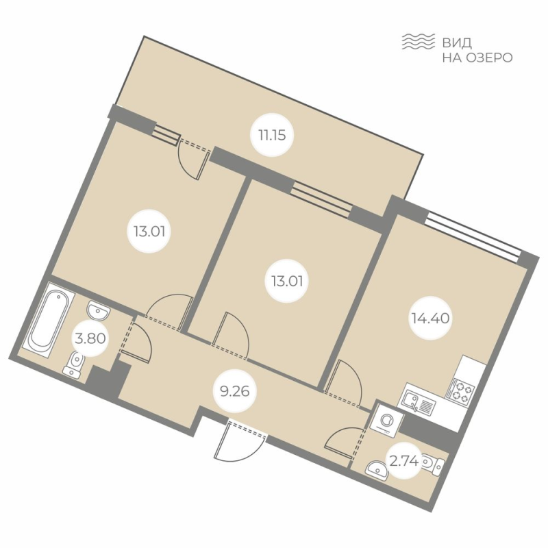2-комнатная квартира, 59.57 м² - планировка, фото №1