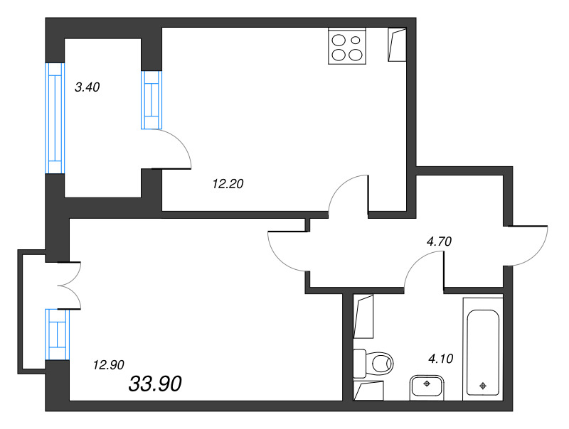 1-комнатная квартира, 33.9 м² в ЖК "Дубровский" - планировка, фото №1