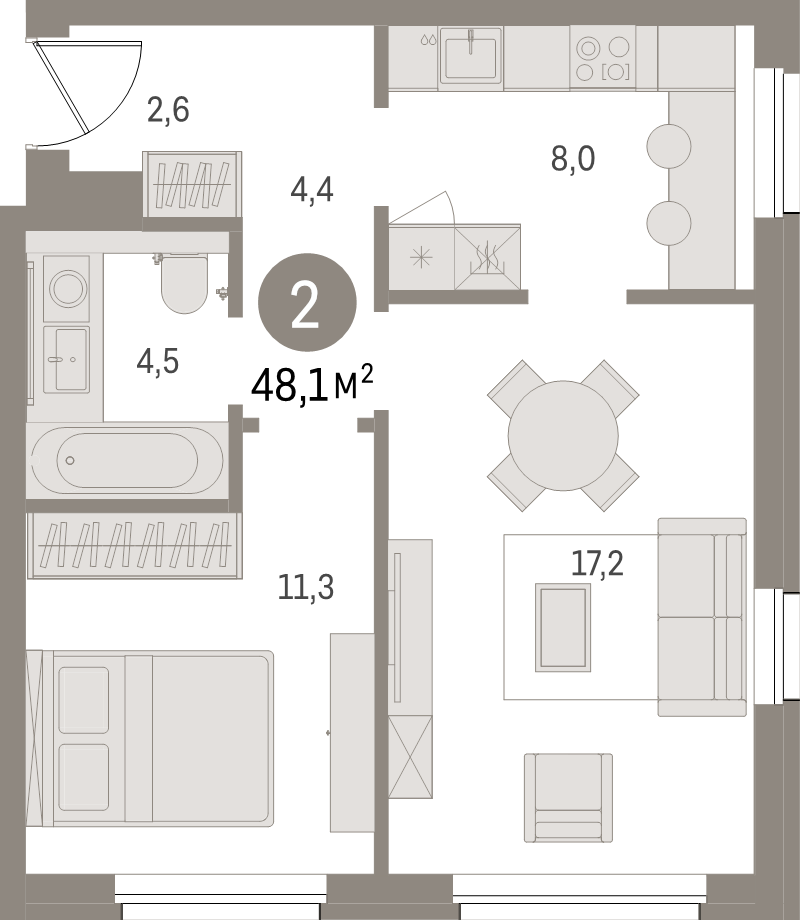 2-комнатная квартира, 48.1 м² в ЖК "Северный ветер" - планировка, фото №1